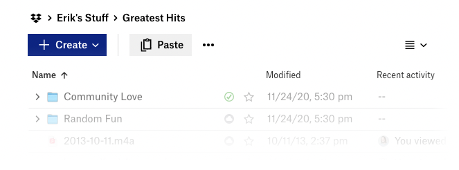 A screenshot of the Drobox application showing Erik's Greatest Hits folder