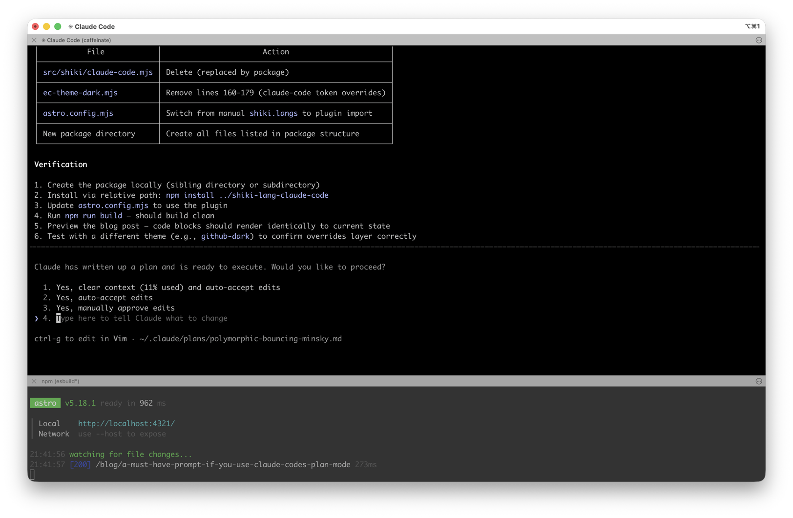 Claude Code showing plan completion and next step options