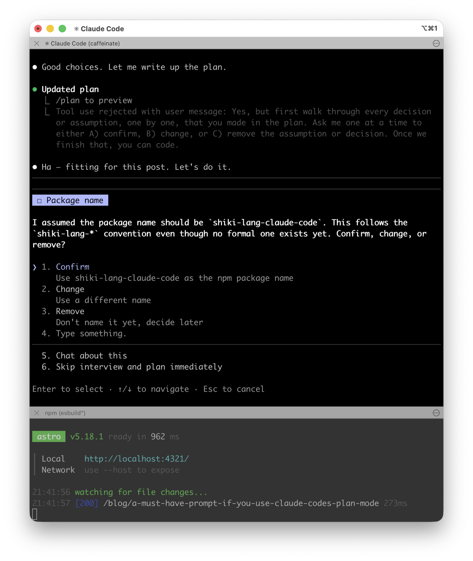 Claude Code walking through plan assumptions one by one